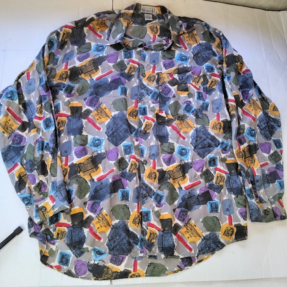 City Streets Mens XLT Silk Button Down Shirt Abstract Travel Stamp Print Vintage